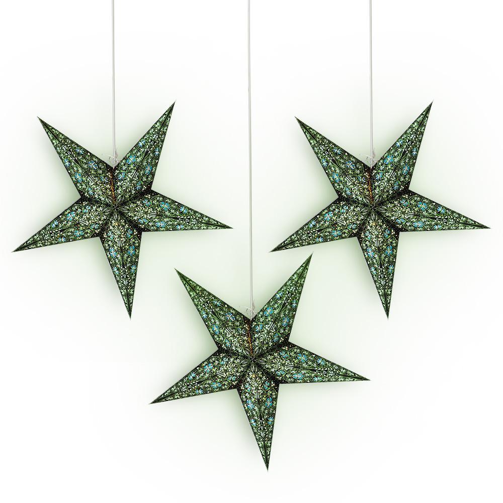 24 Inch Green / Black Garden Paper Star Lantern and Lamp Cord Hanging Decoration (3-PACK + CORD + BULBS)