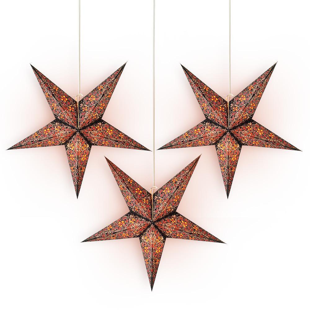24 Inch Red Garden Paper Star Lantern and Lamp Cord Hanging Decoration (3-PACK + CORD + BULBS)