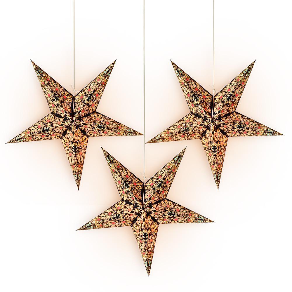 24 Inch Black / Gold Marine Paper Star Lantern and Lamp Cord Hanging Decoration (3-PACK + CORD + BULBS)