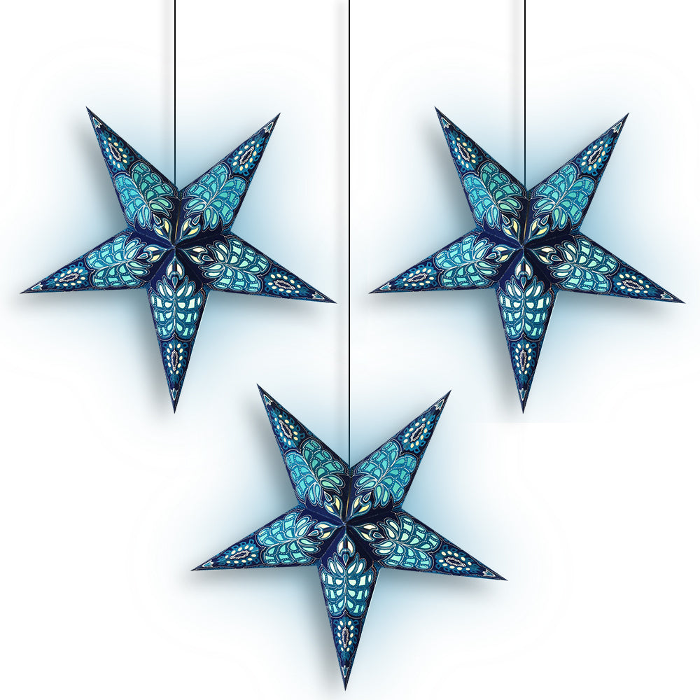 Blue Monarch Glitter 24 Inch Illuminated Paper Star Lanterns and Lamp Cord Hanging Decorations (3-PACK + CORD + BULBS) - Luna Bazaar | Boho &amp; Vintage Style Decor