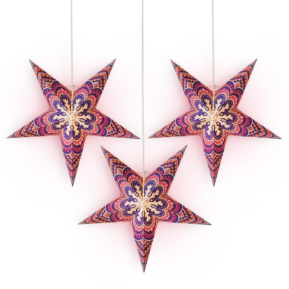 24 Inch Purple Snowflake Paper Star Lantern and Lamp Cord Hanging Decoration (3-PACK + CORD + BULBS)