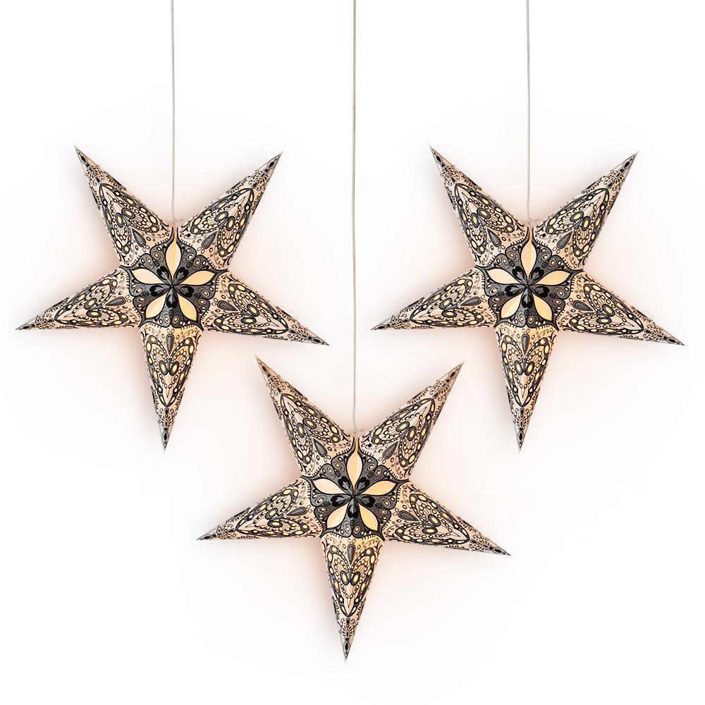 24 Inch White Victoria Glitter Paper Star Lantern and Lamp Cord Hanging Decoration (3-PACK + CORD + BULBS)