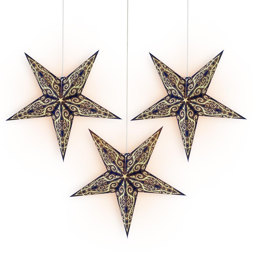 24 Inch Blue Vines Glitter Paper Star Lantern and Lamp Cord Hanging Decoration (3-PACK + CORD + BULBS)