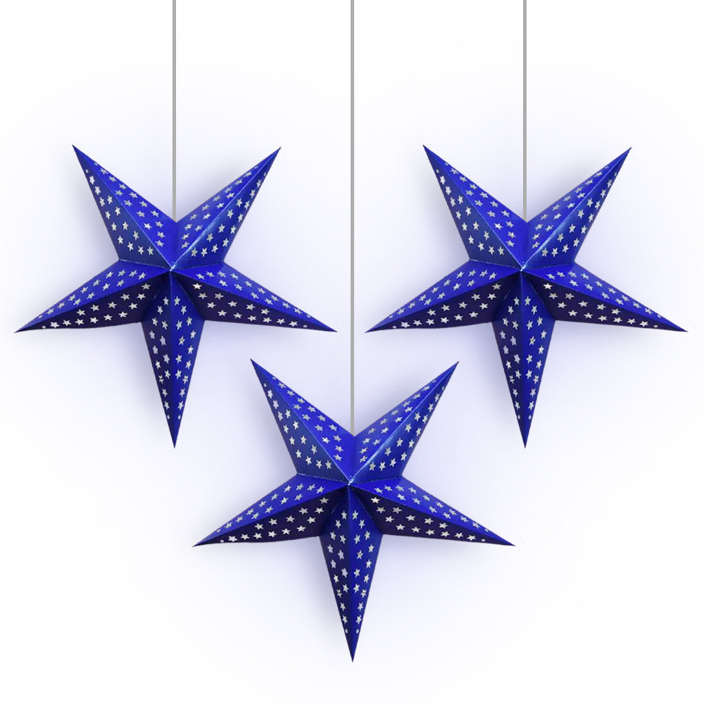 3-PACK Dark Blue Starry Night 24&quot; Illuminated Paper Star Lanterns Hanging Decorations - Luna Bazaar | Boho &amp; Vintage Style Decor