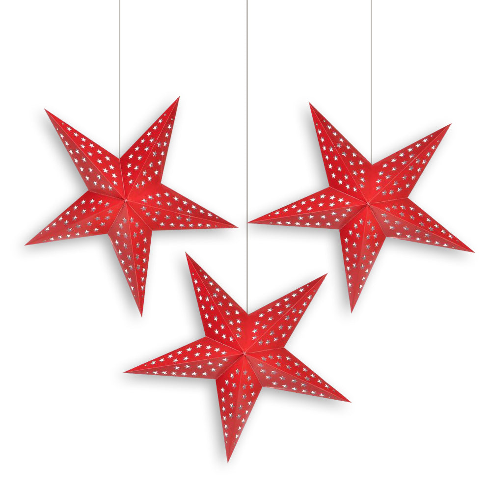3-PACK Red Starry Night 24&quot; Illuminated Paper Star Lanterns Hanging Decorations