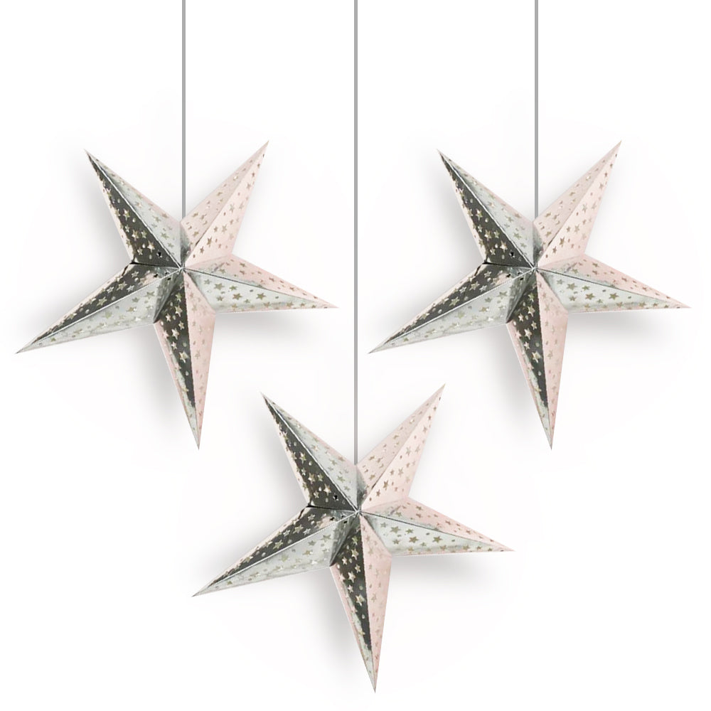 3-PACK Silver Starry Night 26&quot; Illuminated Paper Star Lanterns Hanging Decorations - Luna Bazaar | Boho &amp; Vintage Style Decor