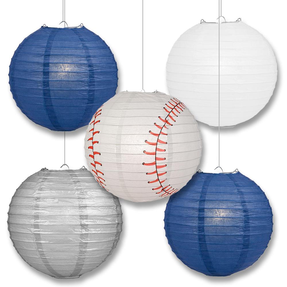 San Diego Pro Baseball Navy Blue, White &amp; Silver 14-inch Paper Lanterns 5pc Combo Party Pack - Luna Bazaar | Boho &amp; Vintage Style Decor
