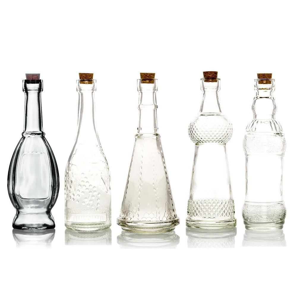 Shabby Chic Clear Vintage Glass Bottles Set - (5 Pack, Assorted Designs)