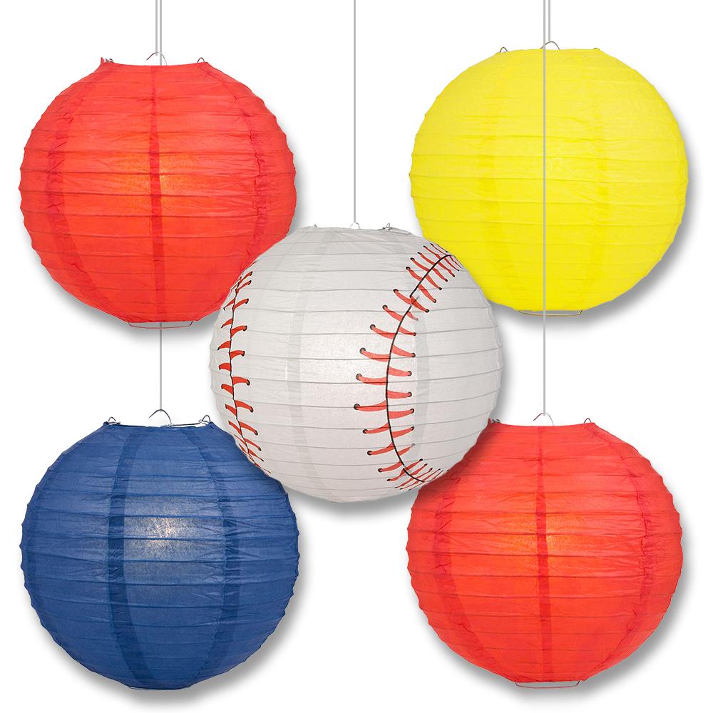 St Louis Pro Baseball Red, Navy Blue &amp; Yellow 14-inch Paper Lanterns 5pc Combo Party Pack - Luna Bazaar | Boho &amp; Vintage Style Decor