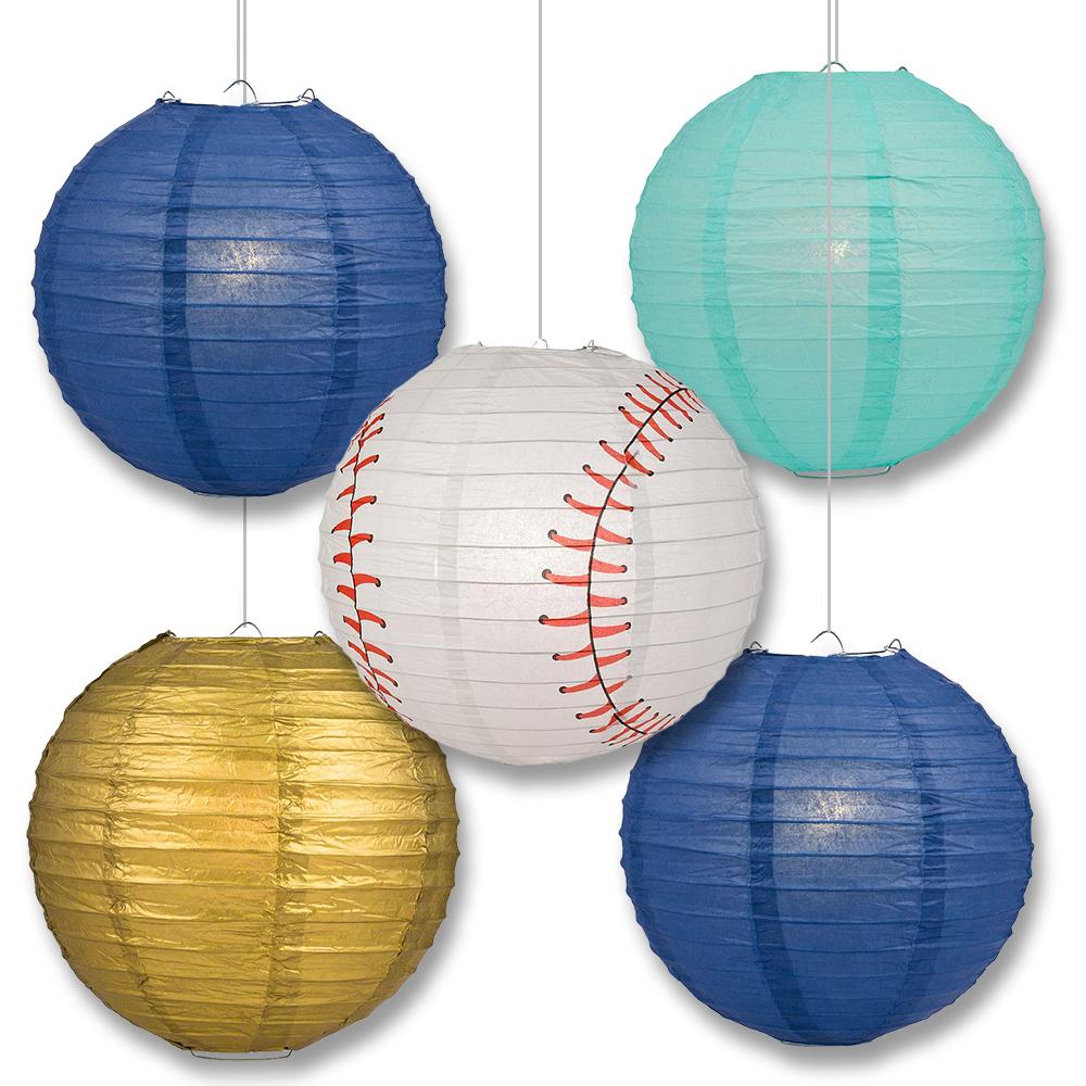 Tampa Bay Pro Baseball Dark Blue, Light Blue &amp; Gold 14-inch Paper Lanterns 5pc Combo Party Pack - Luna Bazaar | Boho &amp; Vintage Style Decor