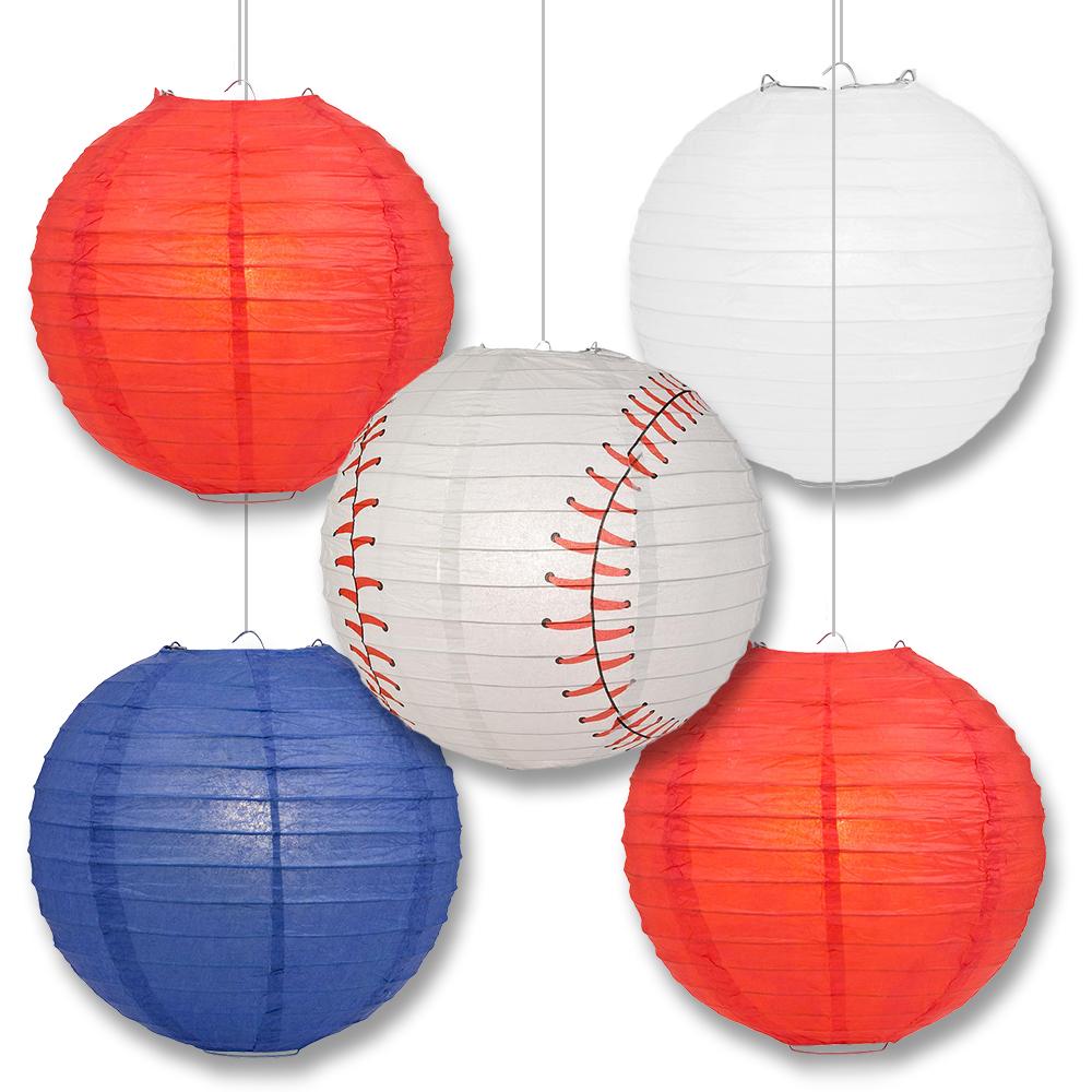 Texas Pro Baseball Red, Blue &amp; White 14-inch Paper Lanterns 5pc Combo Party Pack - Luna Bazaar | Boho &amp; Vintage Style Decor