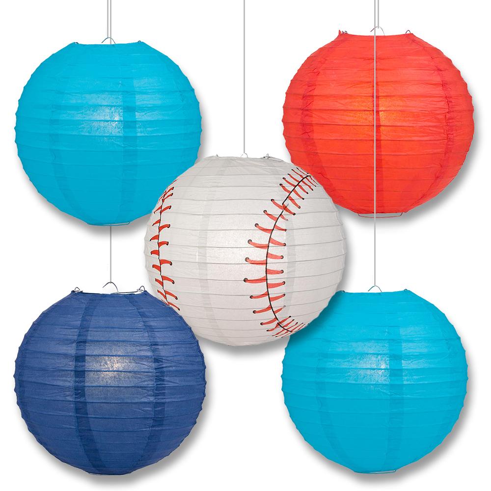 Toronto Pro Baseball Blue, Navy Blue, Red &amp; White 14-inch Paper Lanterns 5pc Combo Party Pack - Luna Bazaar | Boho &amp; Vintage Style Decor