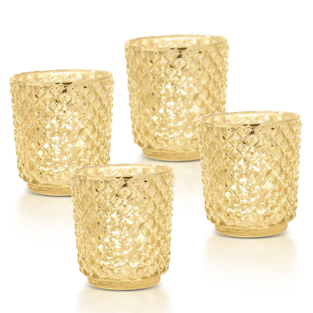 4-PACK | Vintage Mercury Glass Candle Holder (3-Inch, Small Rachel Design, Gold) - For use with Tea Light - Decorative Candle Holder for Home Decor and Wedding Centerpieces - Luna Bazaar | Boho &amp; Vintage Style Decor