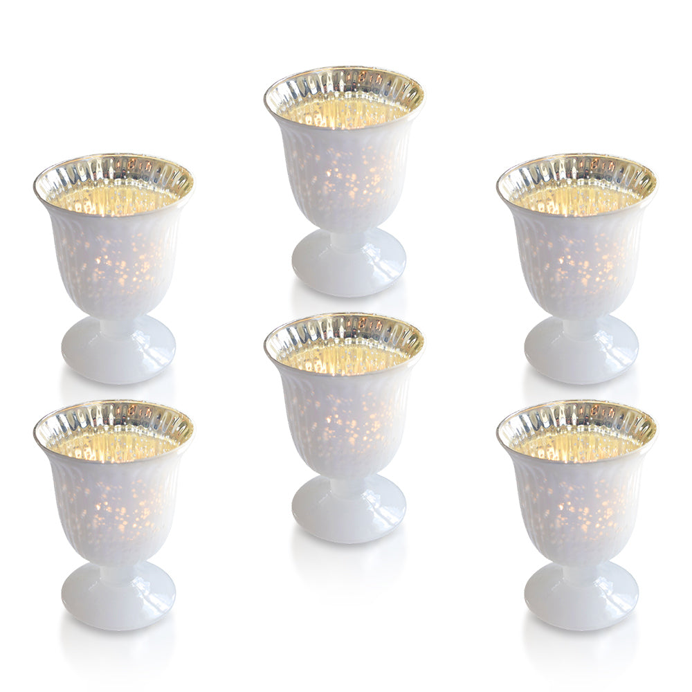 6 Pack Vintage Mercury Glass Candle Holders (5-Inch, Emma Design, Fluted Urn, Pearl White) - Decorative Candle Holder - For Home Decor and Wedding Centerpieces