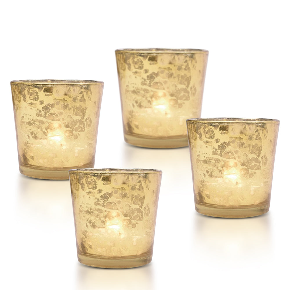 4-PACK | Vintage Mercury Glass Candle Holders (2.5-Inch, Lila Design, Liquid Motif, Gold) - For Use with Tea Lights - For Parties, Weddings and Homes - Luna Bazaar | Boho &amp; Vintage Style Decor