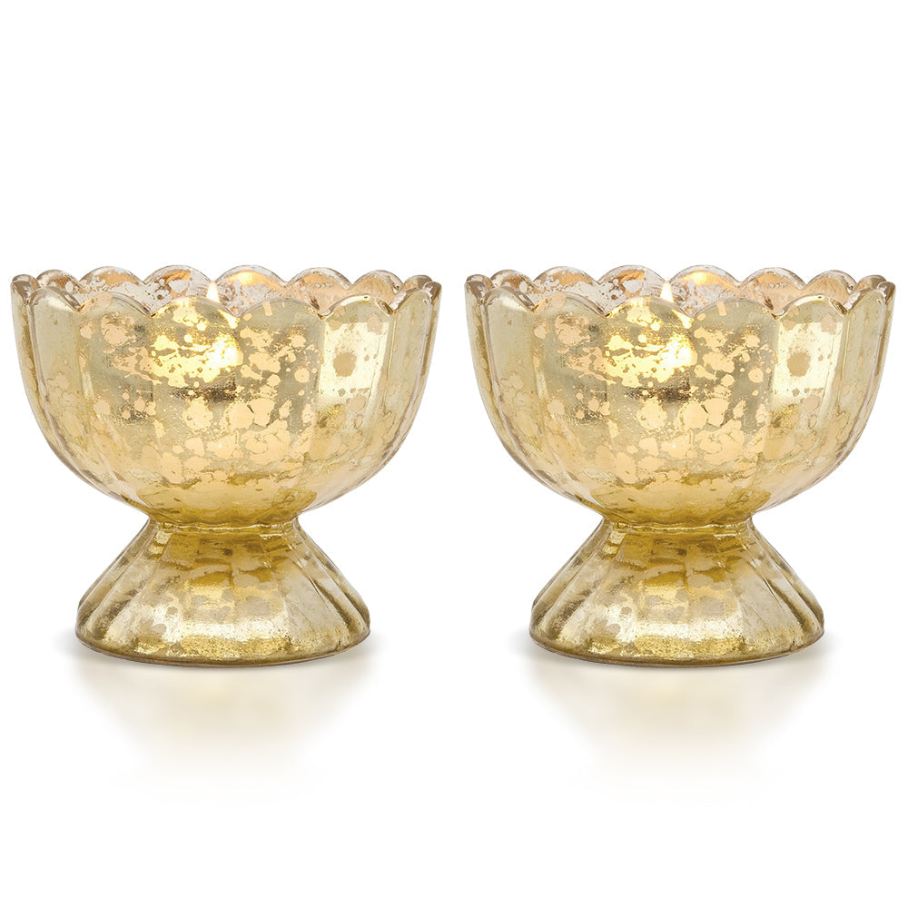 2-PACK | Vintage Mercury Glass Candle Holder (3-Inch, Suzanne Design, Sundae Cup Motif, Gold) - For Use with Tea Lights - Home Decor and Wedding Decorations - Luna Bazaar | Boho &amp; Vintage Style Decor