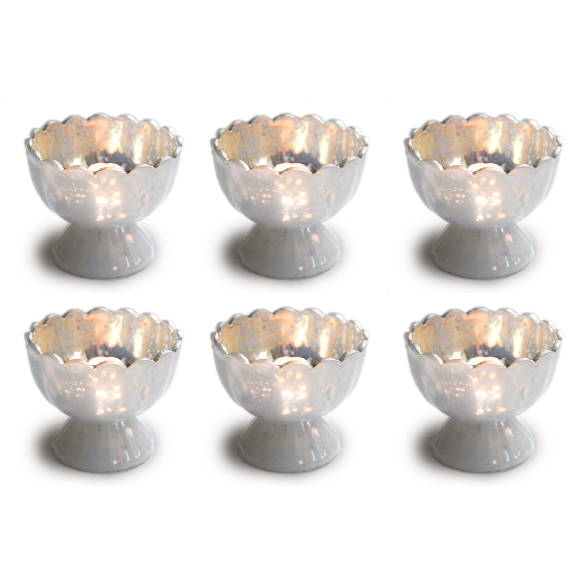 6 Pack | Vintage Mercury Glass Chalice Candle Holders (3-Inch, Suzanne Design, Sundae Cup Motif, Pearl White) - For Use with Tea Lights - For Home Decor, Parties and Wedding Decorations - Luna Bazaar | Boho &amp; Vintage Style Decor