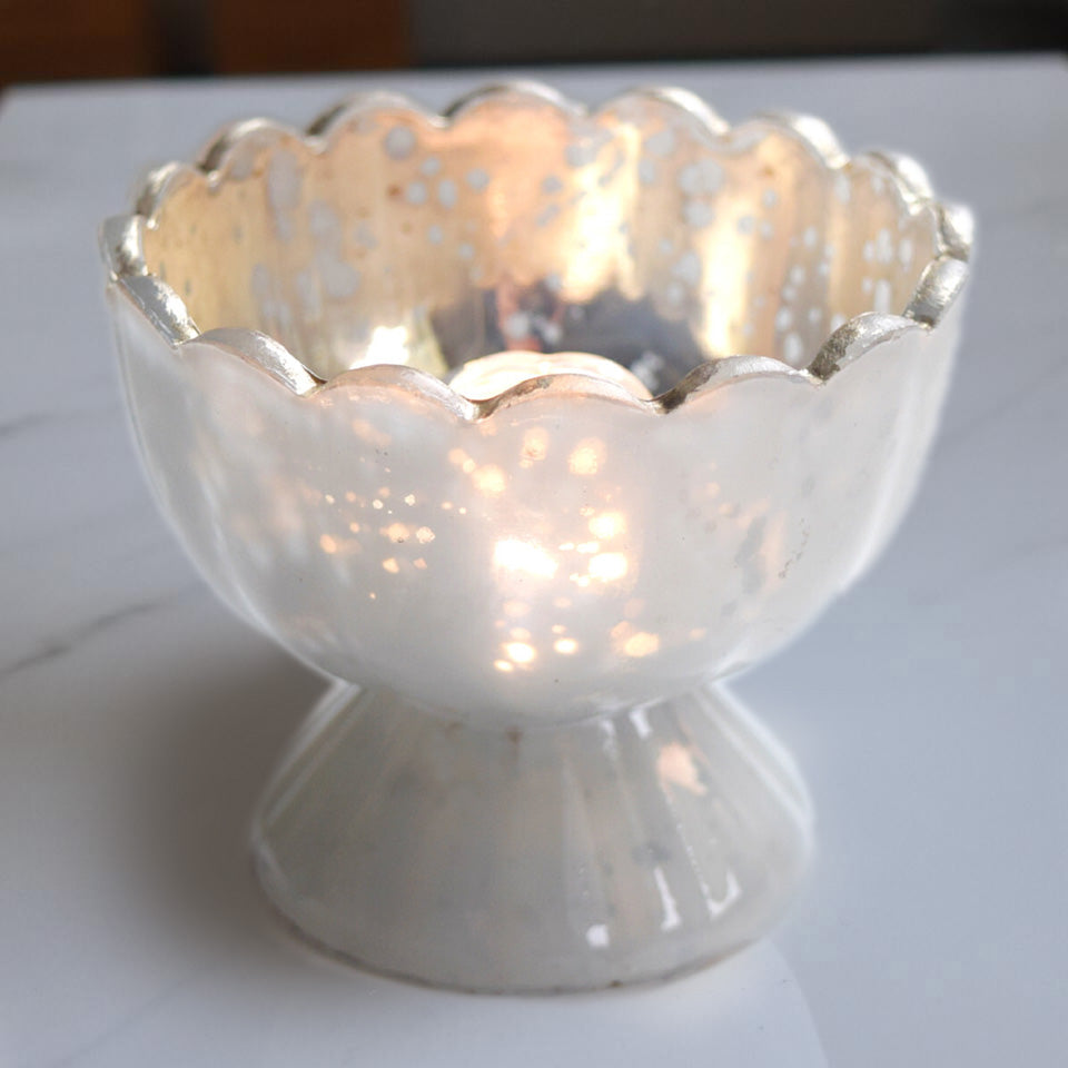 6 Pack | Vintage Mercury Glass Chalice Candle Holders (3-Inch, Suzanne Design, Sundae Cup Motif, Pearl White) - For Use with Tea Lights - For Home Decor, Parties and Wedding Decorations - Luna Bazaar | Boho &amp; Vintage Style Decor