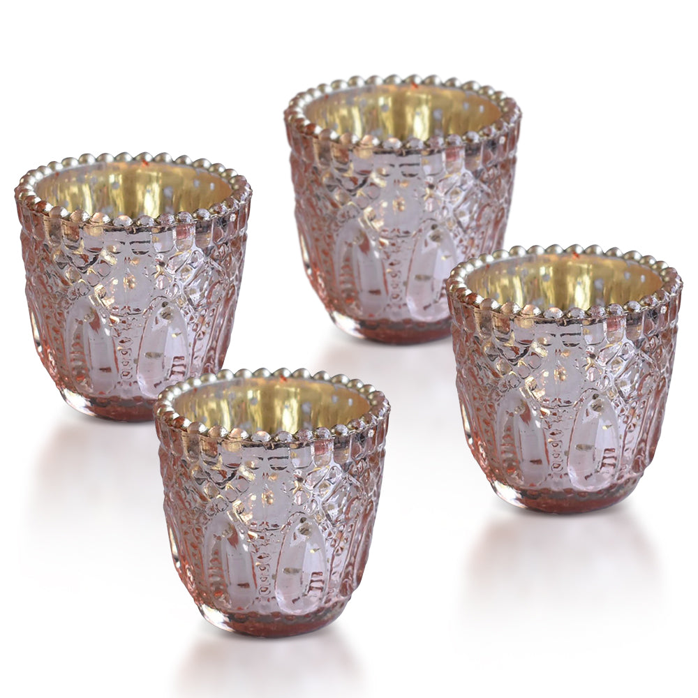 4-PACK | Faceted Vintage Mercury Glass Candle Holder (2.75-Inch, Lillian Design, Rose Gold Pink) - For Use with Tea Lights - For Home Decor and Wedding Decorations - Luna Bazaar | Boho &amp; Vintage Style Decor