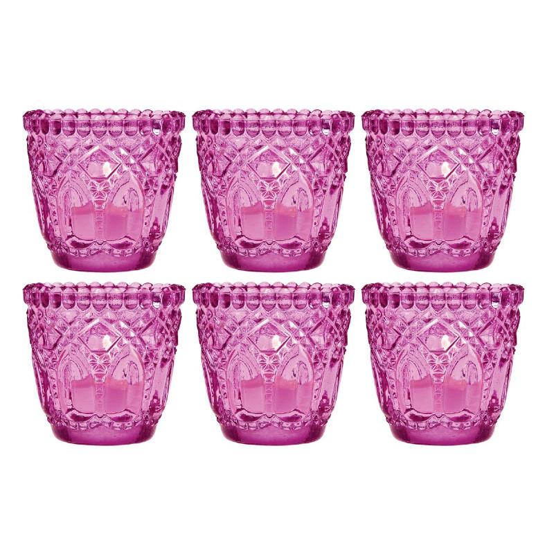 6-Pack Lillian Faceted Vintage Glass Candle Holders (Fuchsia Hot Pink) For Use with Tea Lights - For Home Decor, Parties and Wedding Decorations