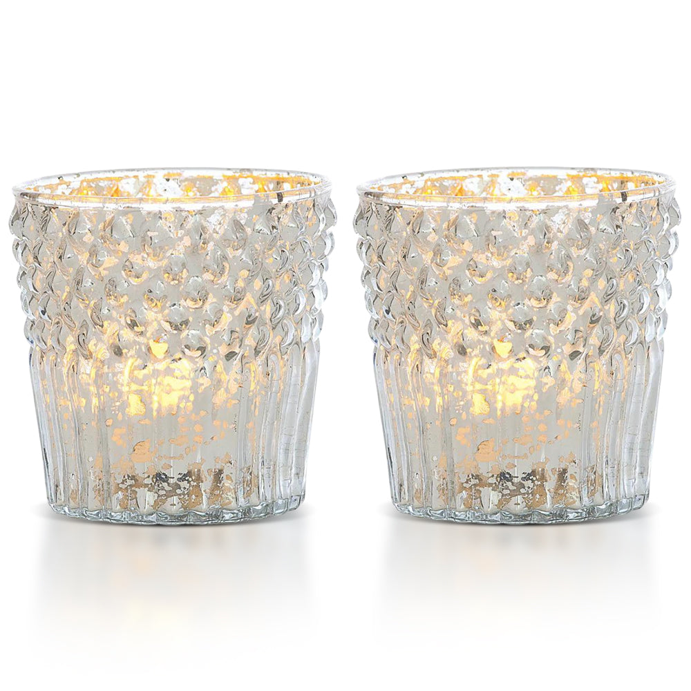 2-PACK | Vintage Mercury Glass Candle Holder (3-Inch, Ophelia Design, Silver) - For Use with Tea Lights - For Home Decor, Parties and Wedding Decorations - Luna Bazaar | Boho &amp; Vintage Style Decor