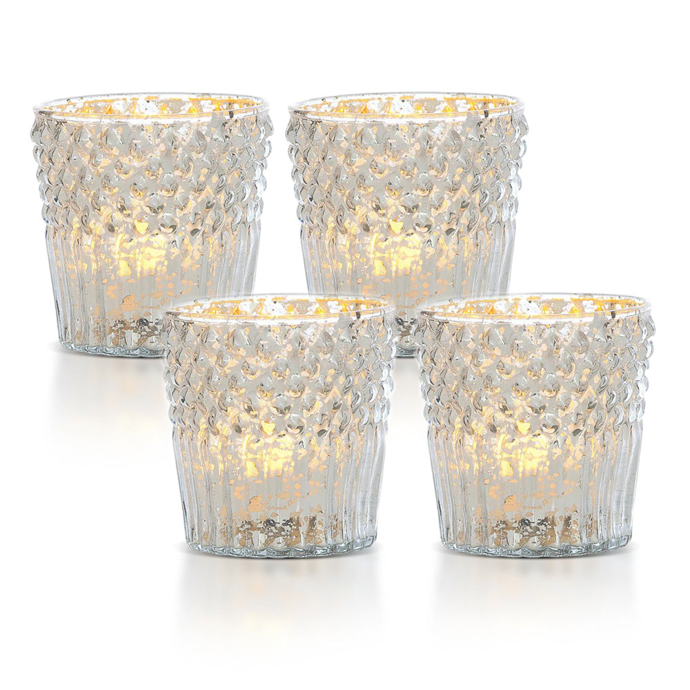 4-PACK | Vintage Mercury Glass Candle Holder (3-Inch, Ophelia Design, Silver) - For Use with Tea Lights - For Home Decor, Parties and Wedding Decorations - Luna Bazaar | Boho &amp; Vintage Style Decor