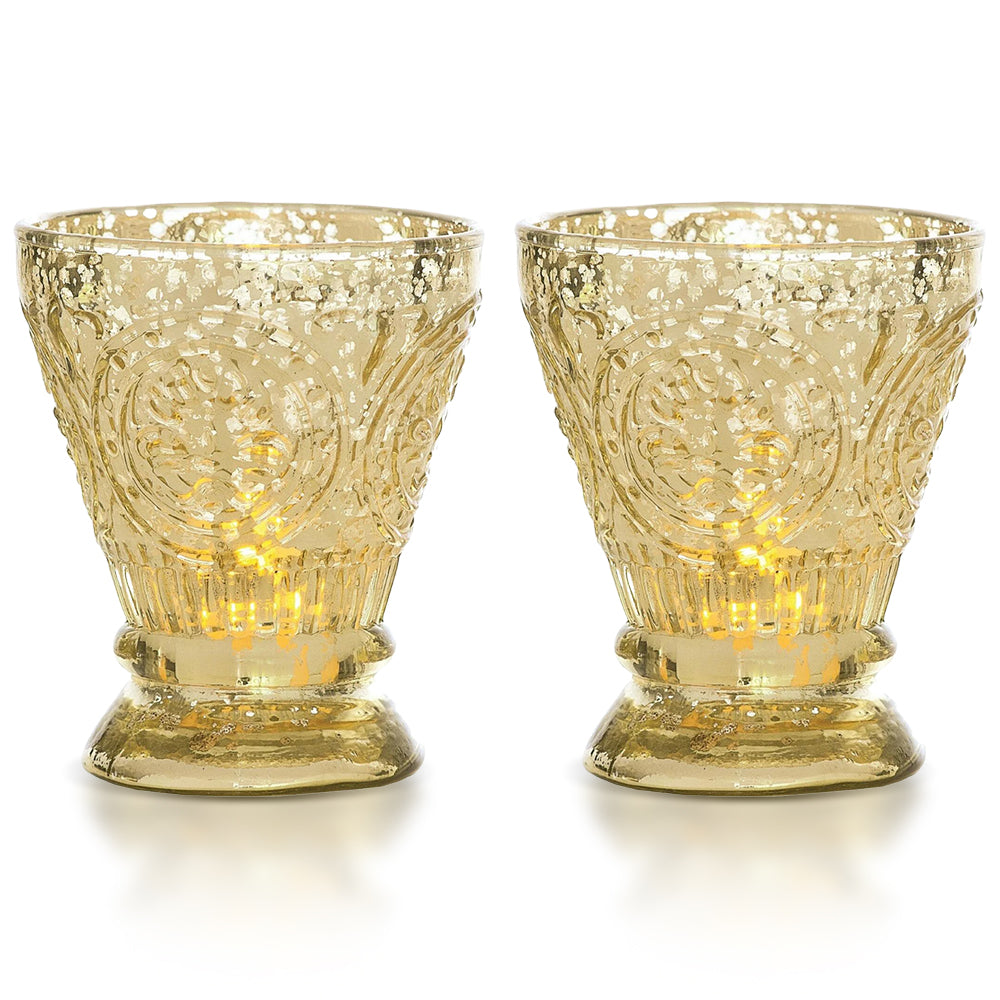 2-PACK | Vintage Mercury Glass Candle Holder (4-Inch, Rosemary Design, Gold) - For Use with Tea Lights - For Home Decor, Parties, and Wedding Decorations - Luna Bazaar | Boho &amp; Vintage Style Decor