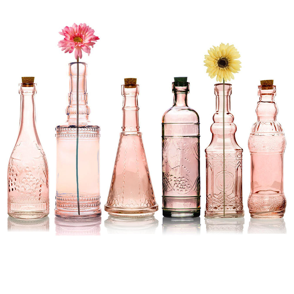 Vintage Romance Pink Vintage Glass Bottles Set - (6 Pack, Assorted Designs) - Luna Bazaar | Boho &amp; Vintage Style Decor
