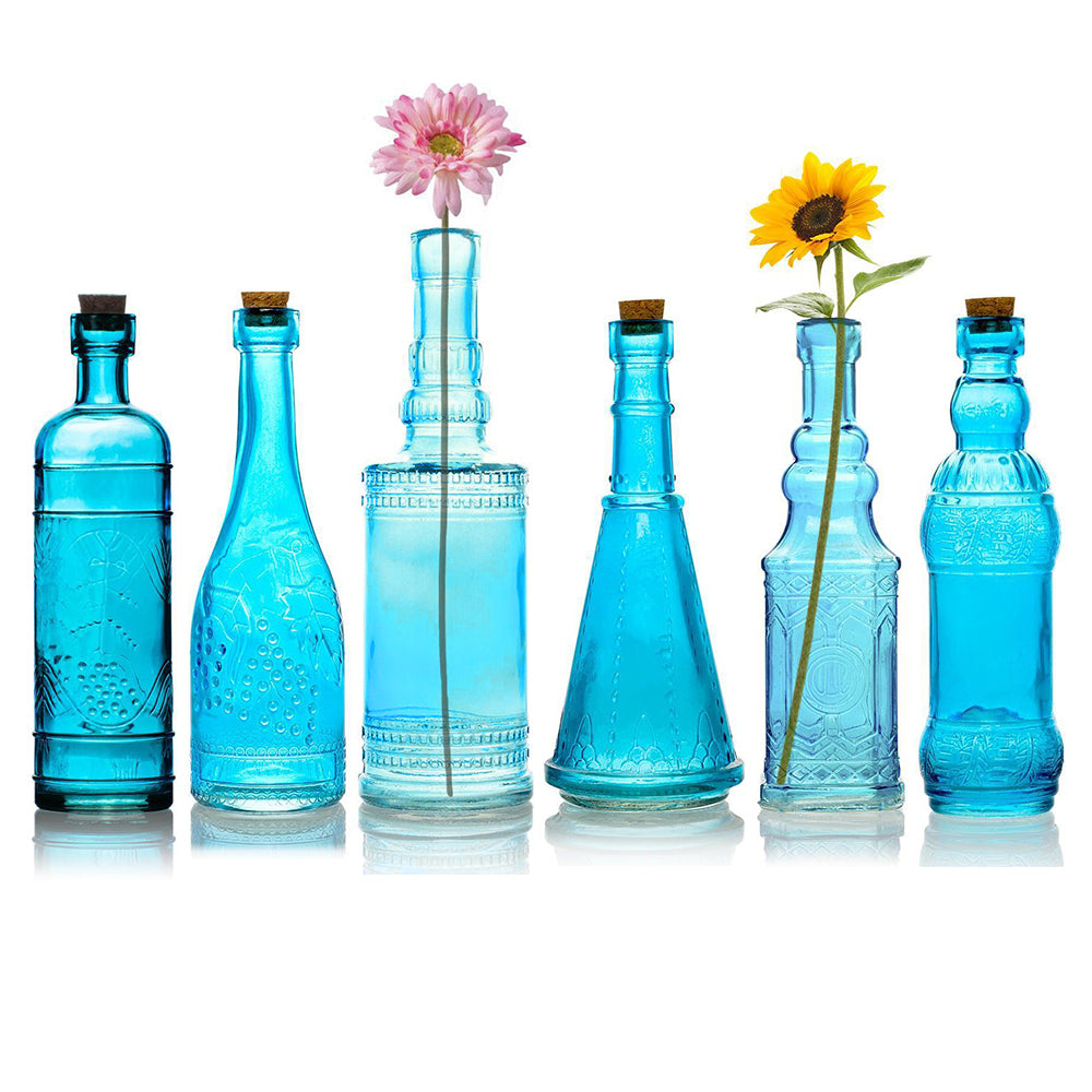 Vintage Romance Turquoise Blue Vintage Glass Bottles Set - (6 Pack, Assorted Designs) - Luna Bazaar | Boho &amp; Vintage Style Decor