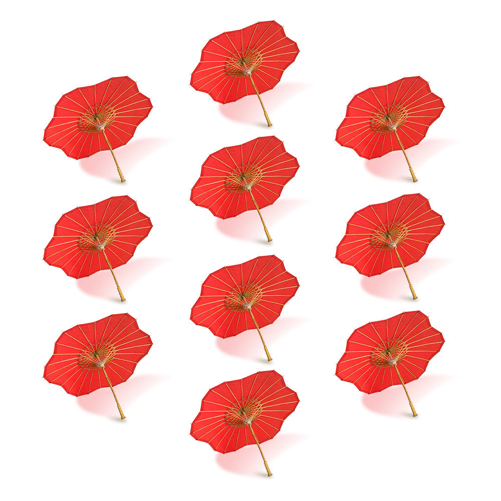 BULK PACK (10-Pack) 32 Inch Red Paper Parasol Umbrella, Scallop Blossom Shaped with Elegant Handle