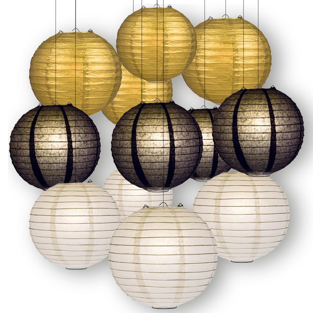 Black, White and Gold Celebration Party Pack Parallel Ribbed Paper Lantern Combo Set (12 pc Set) - Luna Bazaar | Boho & Vintage Style Decor