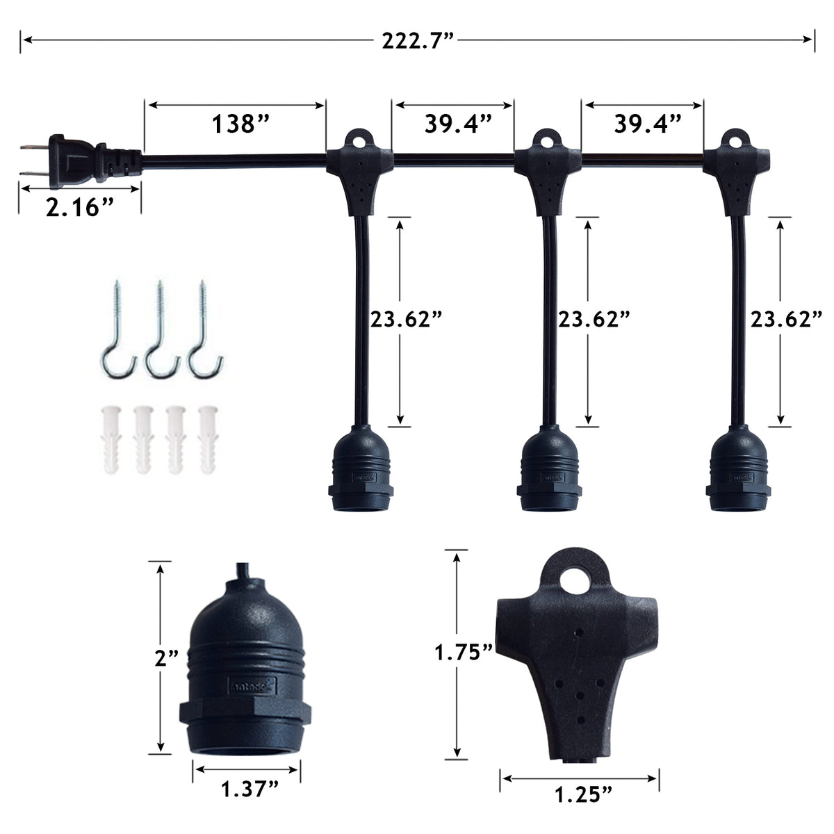 Triple Socket Black Weatherproof Outdoor Pendant Light Lamp Cord for Lanterns, E26, 19 FT - Luna Bazaar | Boho &amp; Vintage Style Decor