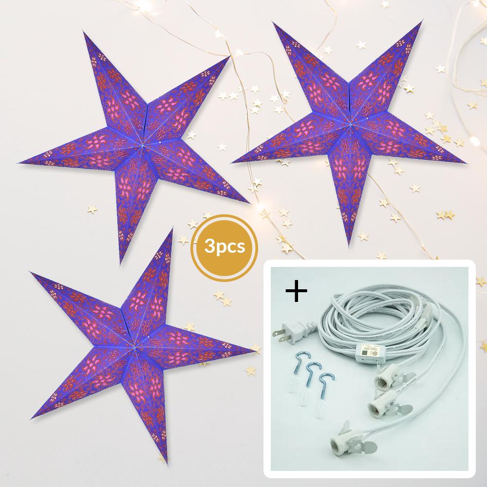 Blue / Copper Glitter Winds 24 Inch Illuminated Paper Star Lanterns and Lamp Cord Hanging Decorations (3-PACK + CORD + BULBS)