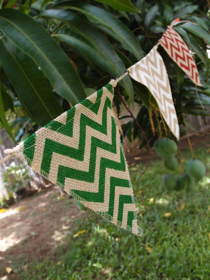 CLOSEOUT Festive Holiday Burlap w/ Multi-Color Chevron Triangle Flag Pennant Banner (12 Ft) - Luna Bazaar | Boho &amp; Vintage Style Decor