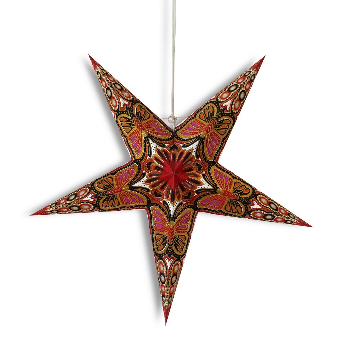 24 Inch Red / Black Butterfly Glitter Paper Star Lantern, Hanging Wedding &amp; Party Decoration