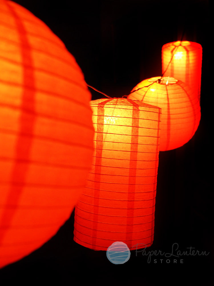 8&quot; Chinese New Year Round &amp; Cylinder Paper Lantern String Light COMBO Kit (12 FT, EXPANDABLE, Black Cord) - LunaBazaar - Discover. Decorate. Celebrate.