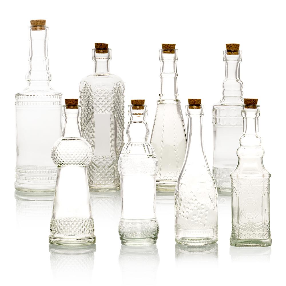 8pc Clear Vintage Glass Wedding Bottle Set, Assorted Wedding Table and ...