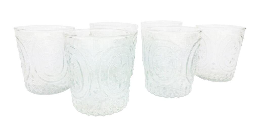 CLOSEOUT 6-Pack Small Fleur de Lys Juice/Wine Glass Drinkware (6 Piece Set, Clear, Holds Approx 3.5 oz) - For Home Decor, Parties, and Wedding Decorations - Luna Bazaar | Boho &amp; Vintage Style Decor