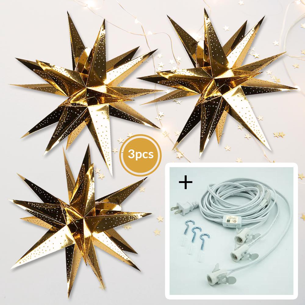3-PACK + Cord | Gold Moravian Multi-Point 24 Inch Illuminated Paper Star Lanterns and Lamp Cord Hanging Decorations - LunaBazaar.com - Discover. Decorate. Celebrate.