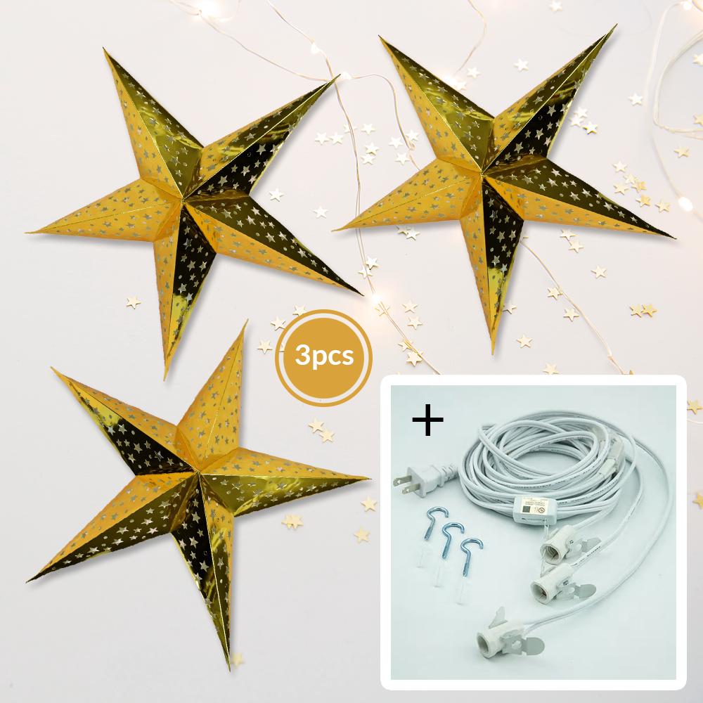 Gold Starry Night 26 Inch Illuminated Paper Star Lanterns and Lamp Cord Hanging Decorations (3-PACK + CORD + BULBS)