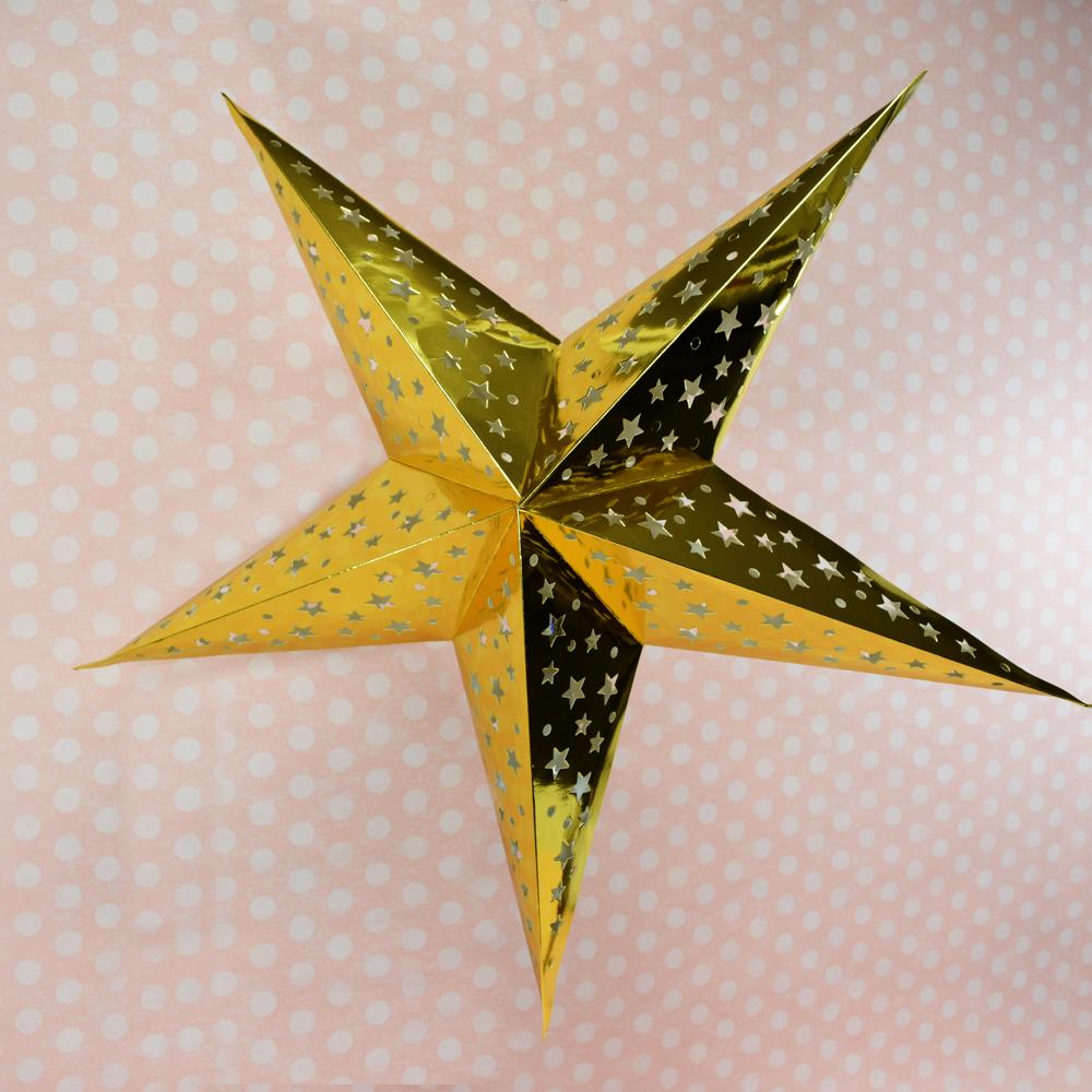 26&quot; Gold Foil Cut-Out Paper Star Lantern, Chinese Hanging Wedding &amp; Party Decoration - Luna Bazaar | Boho &amp; Vintage Style Decor