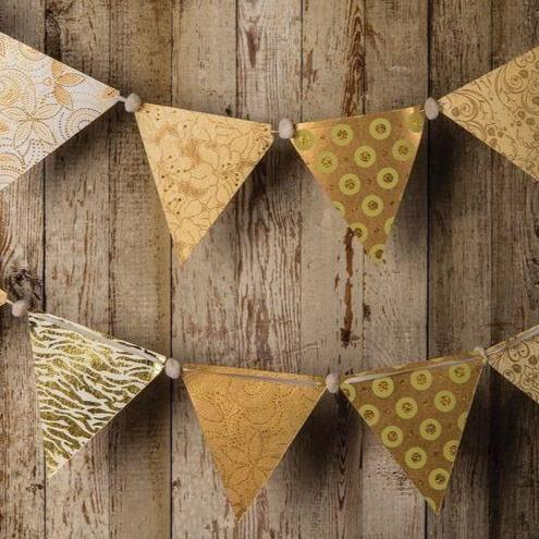 CLOSEOUT Gold Paper Large Triangle Pennant Banner (9.5 Foot Long) - Luna Bazaar | Boho &amp; Vintage Style Decor