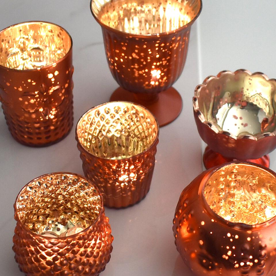 Vintage Glam Rustic Copper Red Mercury Glass Tea Light Votive Candle Holders (6 PACK, Assorted Designs and Sizes) - Luna Bazaar | Boho &amp; Vintage Style Decor