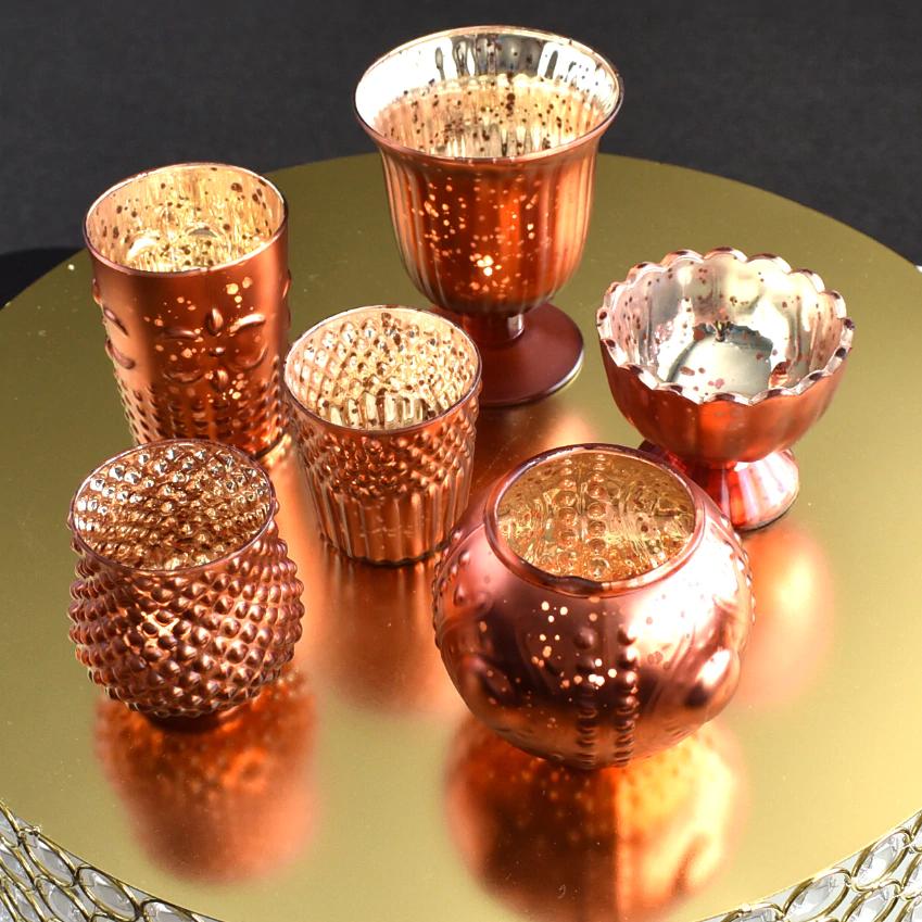 Vintage Glam Rustic Copper Red Mercury Glass Tea Light Votive Candle Holders (6 PACK, Assorted Designs and Sizes) - Luna Bazaar | Boho &amp; Vintage Style Decor