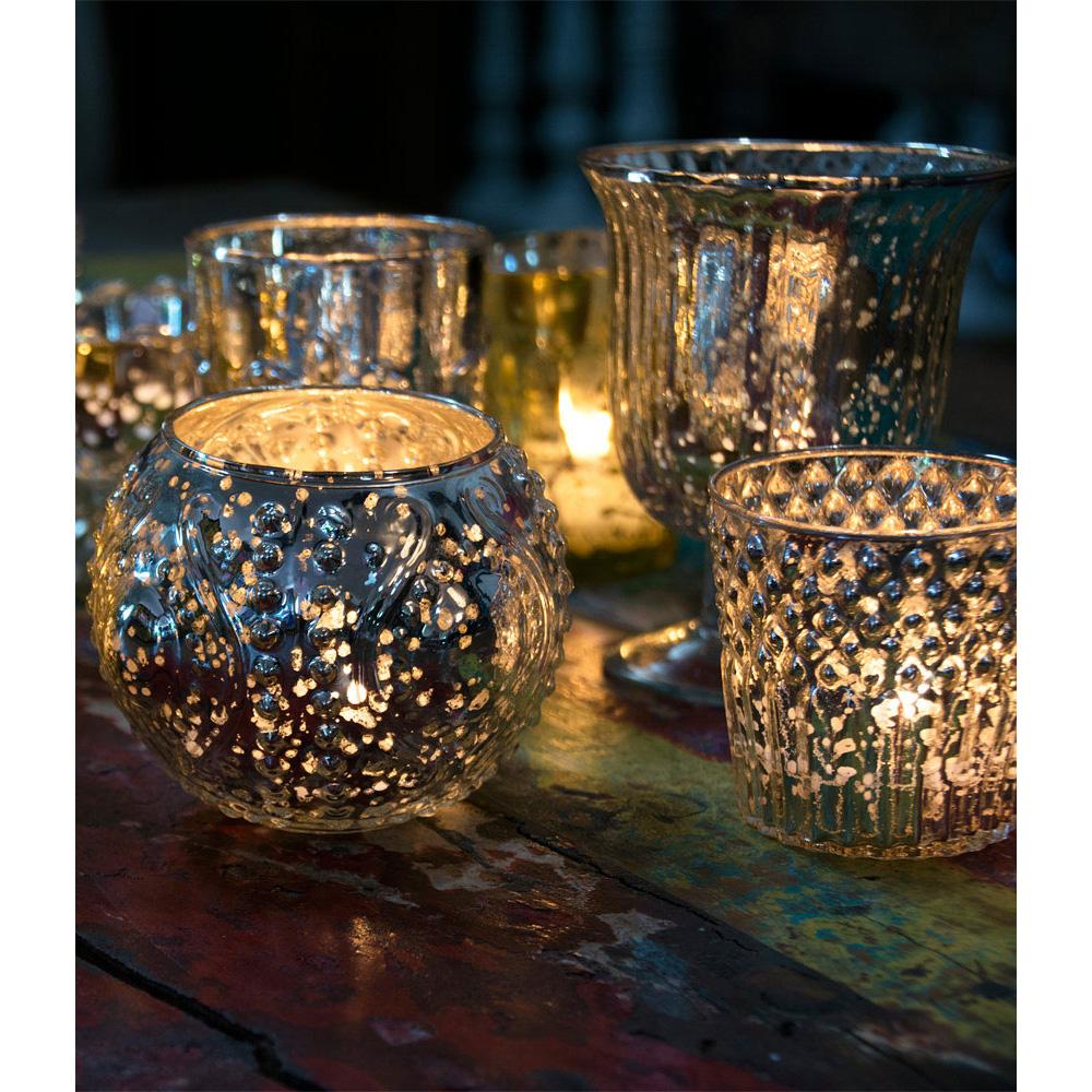 Vintage Glam Silver Mercury Glass Tea Light Votive Candle Holders (6 PACK, Assorted Designs and Sizes) - Luna Bazaar | Boho &amp; Vintage Style Decor