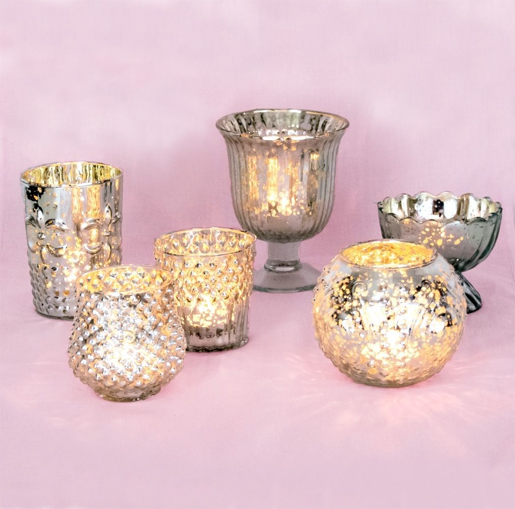 Vintage Glam Silver Mercury Glass Tea Light Votive Candle Holders (6 PACK, Assorted Designs and Sizes) - Luna Bazaar | Boho &amp; Vintage Style Decor