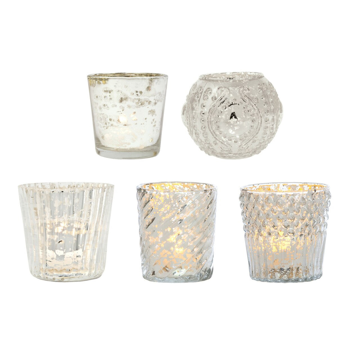 Royal Banquet Silver Mercury Glass Tea Light Votive Candle Holders (5 PACK, Assorted Designs and Sizes) - Luna Bazaar | Boho &amp; Vintage Style Decor