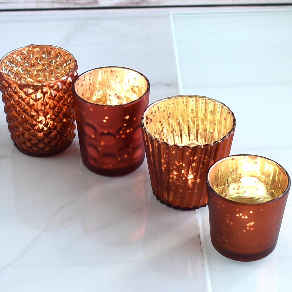 Best of Show Mercury Glass Tealight Votive Candle Holders (Rustic Copper Red, Set of 4, Assorted Styles) - for Weddings, Events, Parties, Home Decor - Luna Bazaar | Boho &amp; Vintage Style Decor
