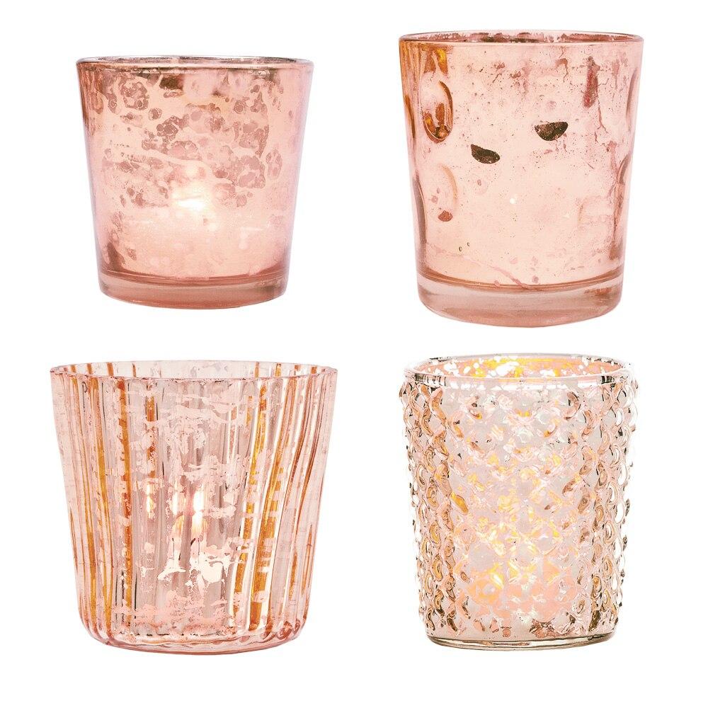 Best of Show Mercury Glass Tealight Votive Candle Holders (Rose Gold Pink, Set of 4, Assorted Styles) - for Weddings, Events, Parties, and Home Décor, Ideal Housewarming Gift - Luna Bazaar | Boho &amp; Vintage Style Decor
