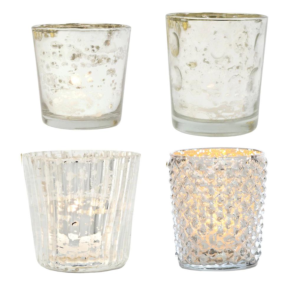 Best of Show Mercury Glass Tealight Votive Candle Holders (Silver, Set of 4, Assorted Styles) - for Weddings, Events, Parties, and Home Décor, Ideal Housewarming Gift - Luna Bazaar | Boho &amp; Vintage Style Decor